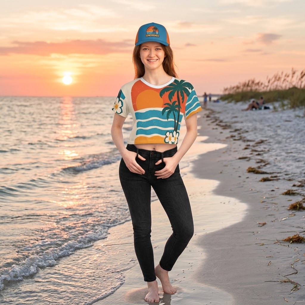 Sunset Palm Crop Tee — Retro Tropical Beach Vibes