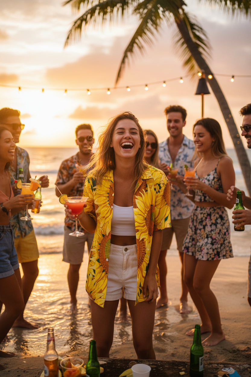 A short-sleeve button-up shirt featuring a vibrant all-over sunflower print on a bright yellow background, shown against a plain white background.
