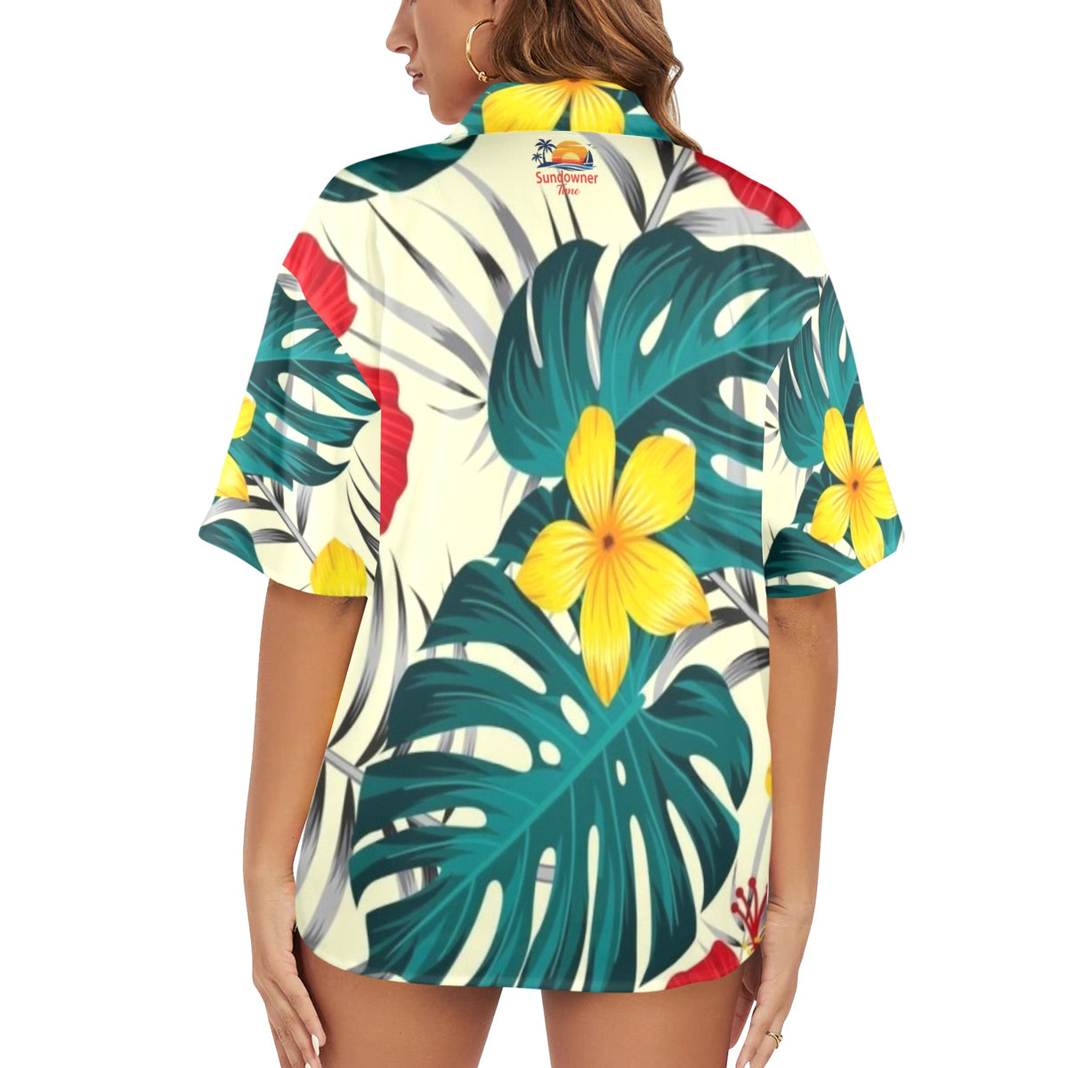 Women's Hawaiian Shirt green leaves  /yellow flowers