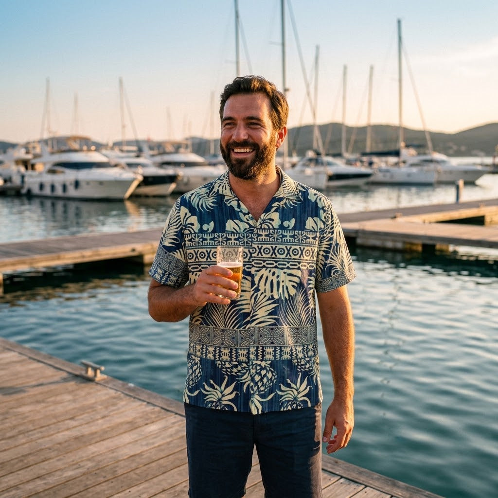 Tropical Pineapple Hawaiian Shirt — Vintage Navy Aloha Button-Up