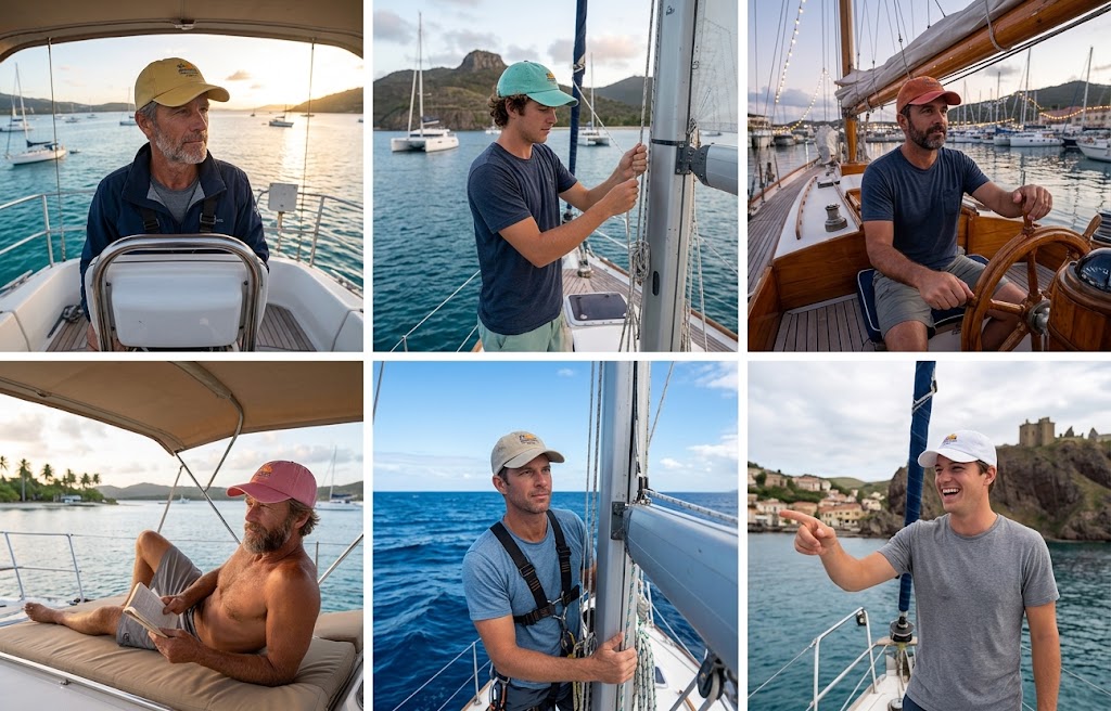 A six-panel collage showing men on sailboats in an ocean harbor, with one man steering a boat, another climbing aboard, and others relaxing on deck or handling rigging. The scenes include boats, water, shoreline, and sky, with no single retail product isolated.
